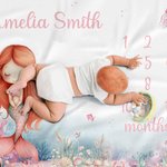 Personalized Pink Mermaid Princess Monthly Milestone Blanket with Name Cute Nursery Decor Baby Shower Birthday Gift for Newborns Baby Girls