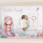 Personalized Pink Mermaid Princess Monthly Milestone Blanket with Name Cute Nursery Decor Baby Shower Birthday Gift for Newborns Baby Girls