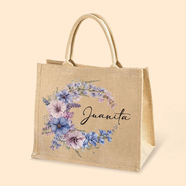 Sac en Toile de Jute Réutilisable Personnalisé avec Nom Fleur de Naissance en Couronne Accessoire de Voyage Cadeau Anniversaire Noël pour Femme Fille