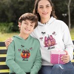 Personalized Pumpkins Coquette Bow Bats Unisex Kid Adult Hoodie with Name Halloween Thanksgiving Gift for Family