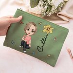 Borsa trucco portatile design cartone animato con personalizzazione del nome e fiore di nascita regalo per compleanno e natale per donne