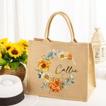 Personalized Birth Flower Wreath Reusable Jute Bag with Name Travel Accessories Birthday Christmas Gift for Women Girls