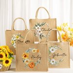 Personalized Birth Flower Wreath Reusable Jute Bag with Name Travel Accessories Birthday Christmas Gift for Women Girls