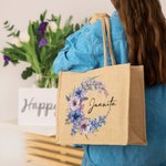 Personalized Birth Flower Wreath Reusable Jute Bag with Name Travel Accessories Birthday Christmas Gift for Women Girls