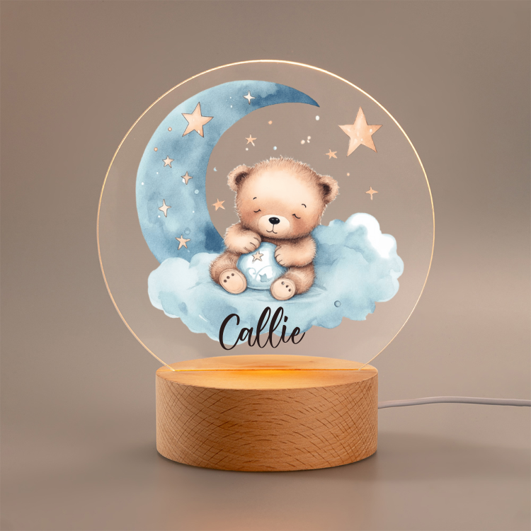 Lampada Notte Personalizzata Per Bambini Con Nome E Data - Led 7 Colori Con Base In Legno E Plexiglass - Regalo Nascita E Battesimo