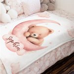 Personalized Dreamy Moon Sleeping Teddy Bear Soft Cozy Blanket with Name Nursery Room Decor Birthday Baby Shower Gift for Newborns Boys Girls