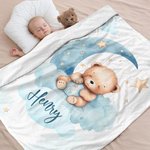 Personalized Dreamy Moon Sleeping Teddy Bear Soft Cozy Blanket with Name Nursery Room Decor Birthday Baby Shower Gift for Newborns Boys Girls