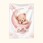 Personalized Dreamy Moon Sleeping Teddy Bear Soft Cozy Blanket with Name Nursery Room Decor Birthday Baby Shower Gift for Newborns Boys Girls