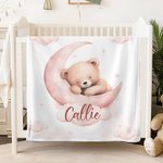 Personalized Dreamy Moon Sleeping Teddy Bear Soft Cozy Blanket with Name Nursery Room Decor Birthday Baby Shower Gift for Newborns Boys Girls