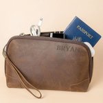 Personalised Genuine Leather Travel Electronics Accessories Bag with Engraved Text Multi-Compartment Birthday Father's Day Gift for Men