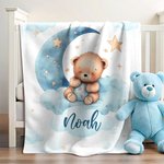 Personalized Dreamy Moon Sleeping Teddy Bear Soft Cozy Blanket with Name Nursery Room Decor Birthday Baby Shower Gift for Newborns Boys Girls