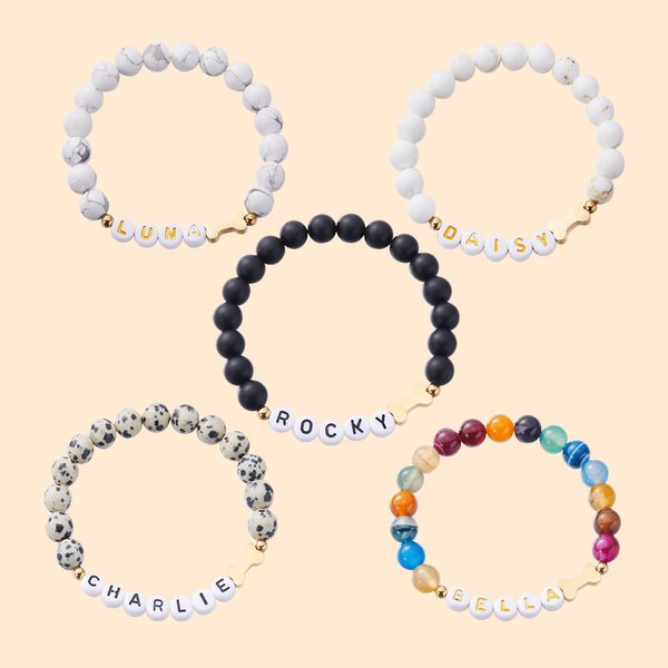 Personalized Agate Crystal Pet Name Beaded Bracelet with Bone Charm Birthday Memorial Gift for Dog Lovers