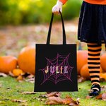 Personalized Spider Webs Halloween Canvas Tote Bag with Name Trick or Treat Halloween Party Favors Gift for Kids