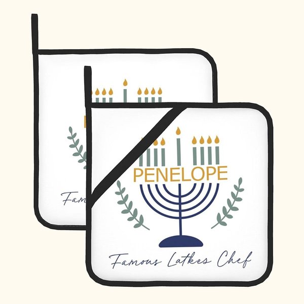 Personalized Hanukkah Menorah Set of 2 Insulation Potholders with Name Happy Hanukkah Housewarming Gift for Baking Lovers Cook Enthusiast