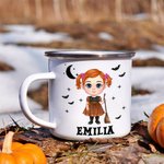 Personalized Cartoon Character Bats Ghosts Design 11oz Enamel Mug with Name Halloween Spooky Season Gift for Kids