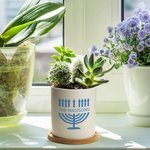 Personalised Hanukkah Menorah Ceramic Succulent Planter Pot with Drainage and Bamboo Tray Home Decor Hanukkah Gift for Jewish