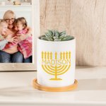 Personalised Hanukkah Menorah Ceramic Succulent Planter Pot with Drainage and Bamboo Tray Home Decor Hanukkah Gift for Jewish