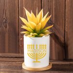 Personalised Hanukkah Menorah Ceramic Succulent Planter Pot with Drainage and Bamboo Tray Home Decor Hanukkah Gift for Jewish