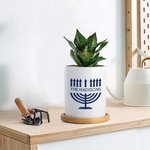 Personalised Hanukkah Menorah Ceramic Succulent Planter Pot with Drainage and Bamboo Tray Home Decor Hanukkah Gift for Jewish