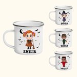 Personalized Cartoon Character Bats Ghosts Design 11oz Enamel Mug with Name Halloween Spooky Season Gift for Kids