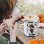 Personalized Cartoon Character Bats Ghosts Design 11oz Enamel Mug with Name Halloween Spooky Season Gift for Kids
