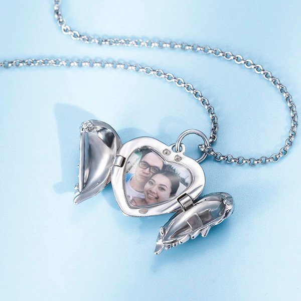 Personalized Angel Wing Heart Locket Necklace with Photo Engraved Text Anniversary Birthday Gift for Women Girls