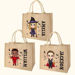 Personalisierte Halloween Cartoon Jute Tasche mit Mädchen Junge Figur als Teufel Engel Vampir Hexe Mumie Skelett Kürbis Tote Bag Geschenk für Kinder