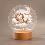 Personalized Sleeping Mommy Baby Animal Dreamy Moon Cloud LED Night Light with Wooden Base and Name Nursery Room Decor Birthday Gift for Kids