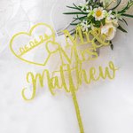 Personalised Mr and Mrs Heart Acrylic Wedding Cake Topper with Name and Date Wedding Anniversary Gift for Bride Groom