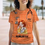 Personalized Multicolour Cartoon Women Character Glitter T-Shirt with Name and Text Birthday Nurse Week Gift for Nurse Doctor Medical Staff