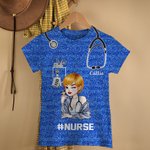 Personalized Multicolour Cartoon Women Character Glitter T-Shirt with Name and Text Birthday Nurse Week Gift for Nurse Doctor Medical Staff