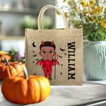 Personalisierte Halloween Cartoon Jute Tasche mit Mädchen Junge Figur als Teufel Engel Vampir Hexe Mumie Skelett Kürbis Tote Bag Geschenk für Kinder