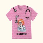 Personalized Multicolour Cartoon Women Character Glitter T-Shirt with Name and Text Birthday Nurse Week Gift for Nurse Doctor Medical Staff