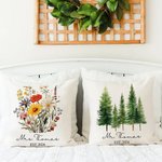 Personalized Mr and Mrs Wildflower Pine Tree Throw Pillow Cover with Name and Date Housewarming Wedding Engagement Gift for Couple