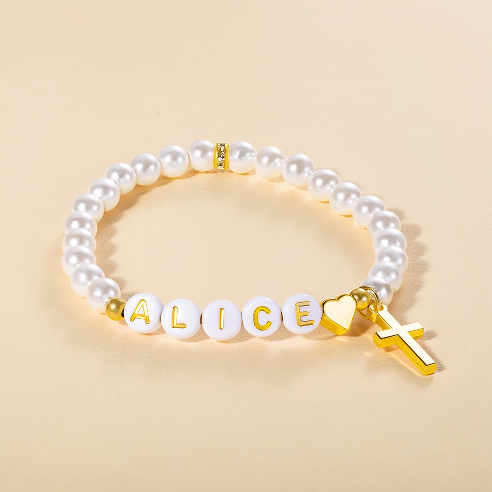 Bracelet personnalisé avec croix en nacre d'eau douce et nom, anniversaire, baptême, cadeau religieux pour femmes