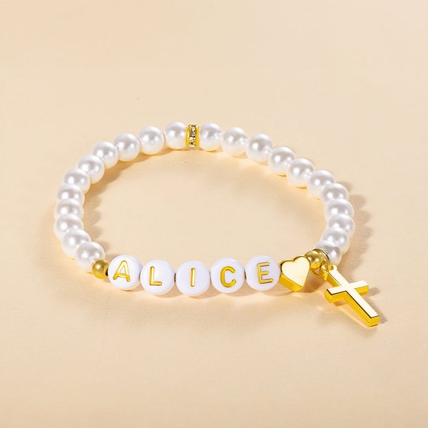 Personalised Freshwater Shell Pearl Cross Bracelet with Name Birthday Christening Religious Gift for Women