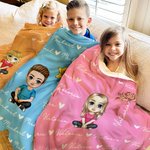 Personalised Cute Cartoon Character Heart Birth Flower Soft Throw Blanket with Name Birthday Christmas Gift