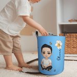 Personalized Double-Side Cartoon Character & Birth Flower Waterproof Laundry Storage Basket with Name and Handle Birthday Housewarming Gift for Family