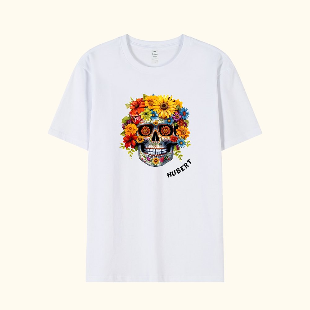 T-shirt pour Enfant et Adulte Personnalisé avec Nom et Fleur de Naissance à Calavera Cadeau Halloween Jour des Morts Mexique