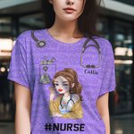 Personalized Multicolour Cartoon Women Character Glitter T-Shirt with Name and Text Birthday Nurse Week Gift for Nurse Doctor Medical Staff