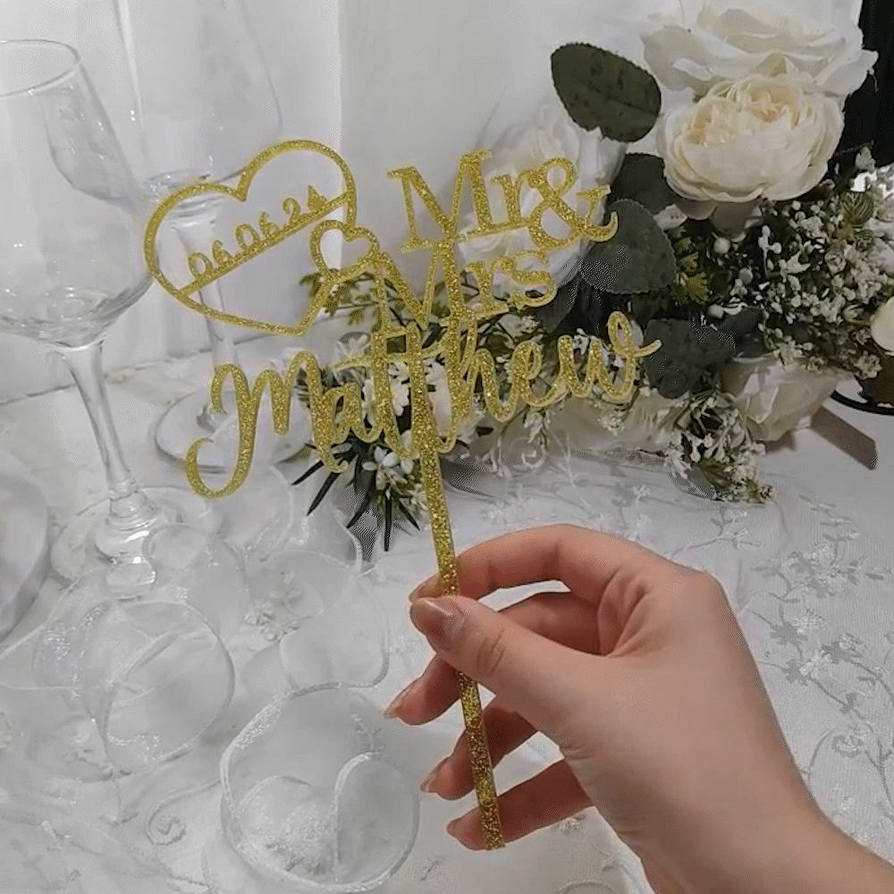 Personalised Mr and Mrs Heart Acrylic Wedding Cake Topper with Name and Date Wedding Anniversary Gift for Bride Groom