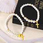 Personalised Freshwater Shell Pearl Cross Bracelet with Name Birthday Christening Religious Gift for Women