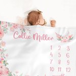 Personalised Pink Floral Milestone Blanket with Name Baby Shower Photo Prop Gift for Baby Girls
