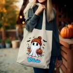 Personalised Cute Ghost Pumpkin Bat Large Canvas Tote Bag with Name Trick or Treat Halloween Gift for Family Kids
