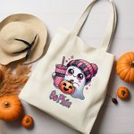 Personalised Cute Ghost Pumpkin Bat Large Canvas Tote Bag with Name Trick or Treat Halloween Gift for Family Kids
