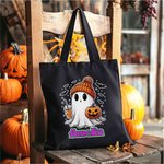 Personalised Cute Ghost Pumpkin Bat Large Canvas Tote Bag with Name Trick or Treat Halloween Gift for Family Kids