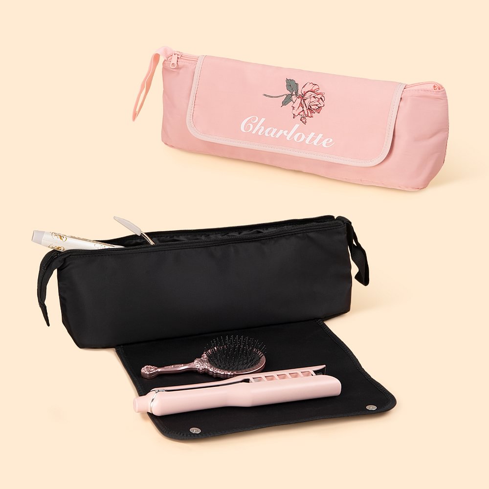 Sac de Boucleur Cheveux Personnalisé avec Nom et Fleur de Naissance Sac de Rangement Polyvalent avec Bracelet Cadeau Anniversaire Voyage pour Femme
