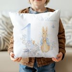 Personalized Cute Peter Rabbit Bunny Floral Throw Pillow Cover with Birth Month and Name Nursery Decor Baby Shower Birthday Gift for Boys Girls