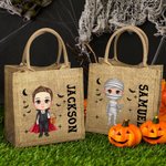 Personalisierte Halloween Cartoon Jute Tasche mit Mädchen Junge Figur als Teufel Engel Vampir Hexe Mumie Skelett Kürbis Tote Bag Geschenk für Kinder