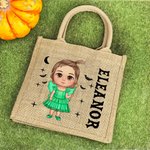 Personalisierte Halloween Cartoon Jute Tasche mit Mädchen Junge Figur als Teufel Engel Vampir Hexe Mumie Skelett Kürbis Tote Bag Geschenk für Kinder
